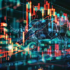 Double exposure of bull head and stock market chart. 3D rendering