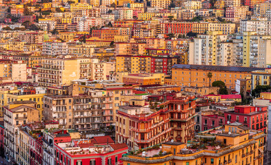 beautiful cityscape of big european city Naples in Italy, Campania. urban landscape with streets and buildings with famous architecture of old houses - obrazy, fototapety, plakaty