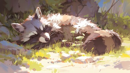 cartoon illustration of a raccoon sleeping
