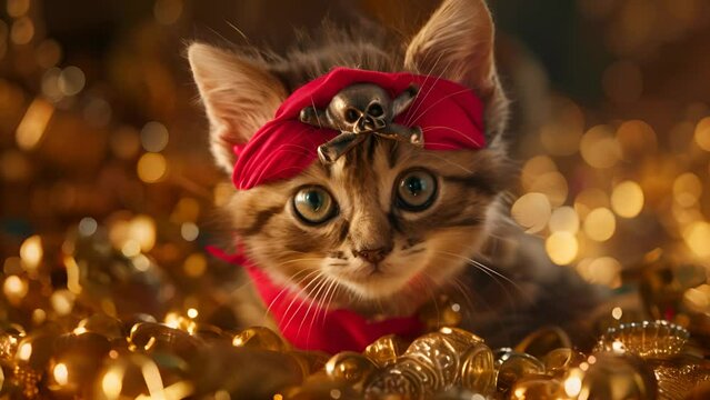 A kitten wearing a pirate's bandana and skull necklace. The kitten is laying on a pile of gold coins