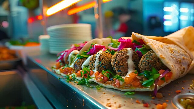 A plate of food with a wrap on top of it. The wrap is filled with meatballs and vegetables