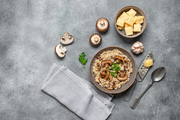 Risotto with mushrooms in a bowl on a gray concrete background. Traditional Italian food. Top view, flat lay.