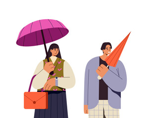 Happy people stand under autumn rain, hold folded and open umbrellas in hands. Friends carry parasols to protect from rainy, wet weather. Flat isolated vector illustration on white background