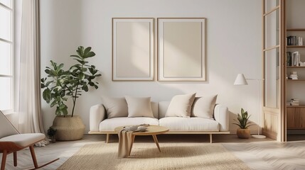Interior living room design Scandinavian style in warm tone with frame mockup