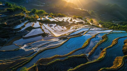 The intricately layered rice terraces and vibrant colors create a stunning tapestry of nature's artistry.