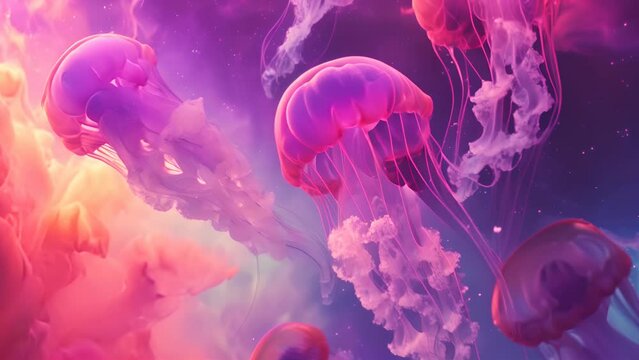 A colorful image of jellyfish floating in the sky. The jellyfish are in various colors, including pink, purple, and blue. The sky is filled with clouds