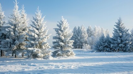 Fototapeta premium Frost covered fir trees in a snowy field