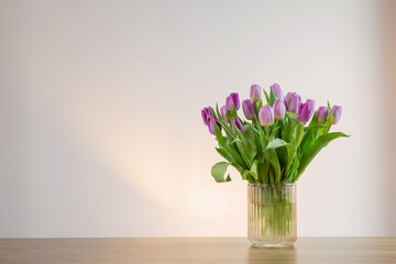 pink tulips in glass vase on white background