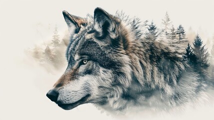 Graphic illustration design of wolf portrait headshot with mountain forest landscape background