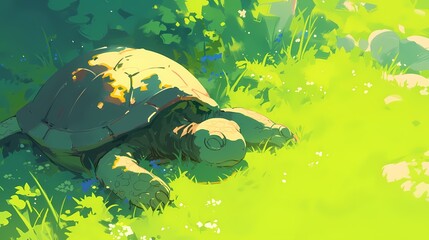 cartoon illustration of a turtle sleeping under a tree