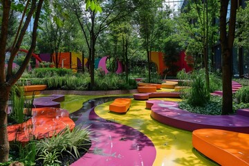 Vibrant city park: Picnic and stroll amidst modern architecture