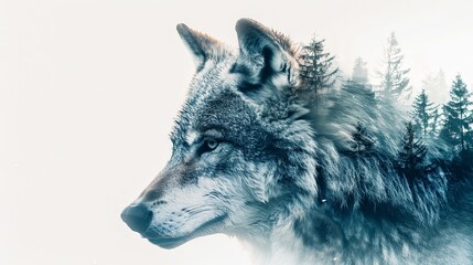 Graphic illustration design of wolf portrait headshot with mountain forest landscape background