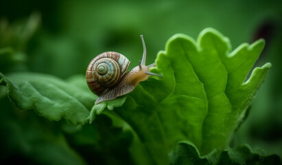 A small snail inching its way along a leafy green stem in a lush garden.