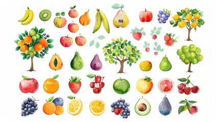 Collection of fruits and vegetables isolated on white background. Illustration of useful products for icons, design, websites.