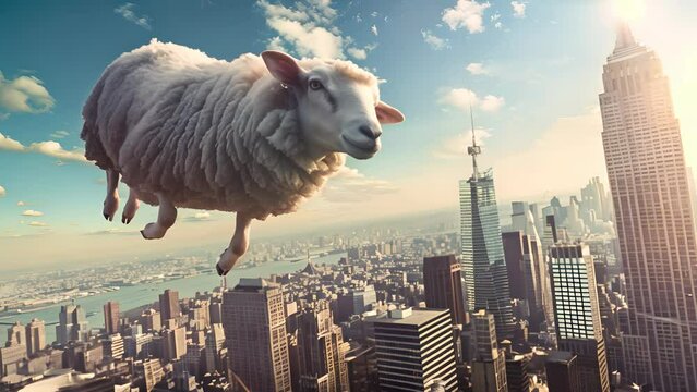 A sheep is flying in the sky above a city. The sheep is white and has a black nose
