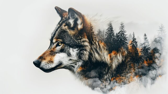 Graphic illustration design of wolf portrait headshot with mountain forest landscape background