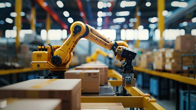 A yellow robot is working in a factory. The robot is surrounded by boxes and is picking up a box. The scene is industrial and mechanical
