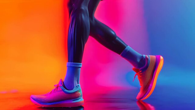 A man is walking with his legs apart and wearing a pair of Nike shoes. The image has a vibrant and energetic feel to it, with the bright colors of the background and the neon lights of the shoes