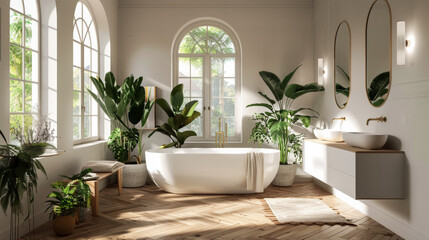 Fototapeta premium A bathroom with a large white bathtub and a lot of plants. The plants are in vases and the bathroom is very clean and bright