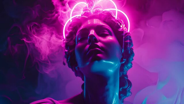 A statue of a woman with a crown on her head and smoke surrounding her. The smoke is purple and pink, giving the image a surreal and dreamlike quality