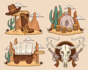 Hand drawn flat cowboy mini composition illustration with wild west elements