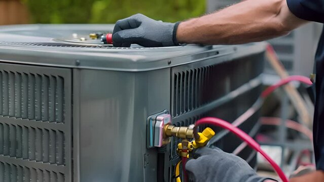 A man is working on an air conditioner. He is wearing gloves and is holding a red hose