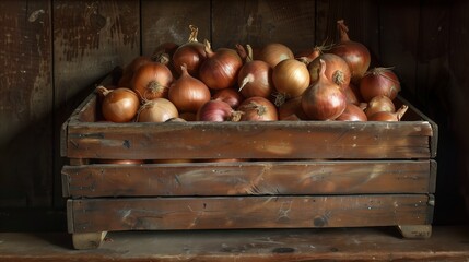 A wooden box full of onions