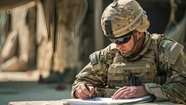 A soldier is writing on a piece of paper while sitting at a table. The soldier is wearing a helmet and a camouflage uniform. The scene suggests that the soldier is taking a break from his duties