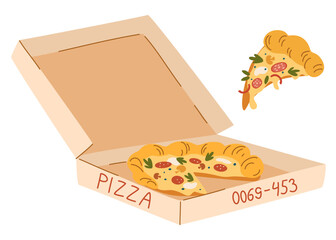 Pizza in cardboard box. Hot Italian fast food and slice with melting cheese. Open carton delivery package with takeaway fast food pieces. Flat vector illustration isolated on white background