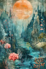A fantasy illustration of a sunken cityscape with towering ruins overgrown by coral and marine plants. Schools of fish swim through the ethereal underwater landscape beneath a large, orange sun