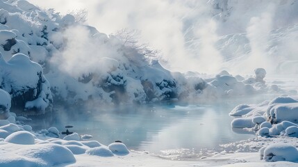 Otherworldly Thermal Springs Amid Snowy Peaks and Mist