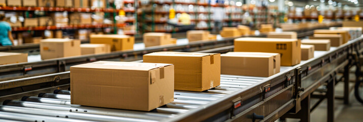 Fototapeta premium Automated packaging process in an industrial warehouse with cardboard boxes