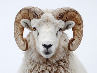 Close-up of horned ram, male sheep, isolated white background