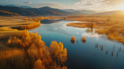 Lake in the mountains at sunset. Yellow autumn reeds - obrazy, fototapety, plakaty