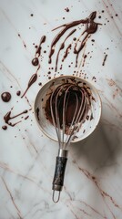 whisk with chocolate dripping into a small white ceramic bowl, in the style of food photography