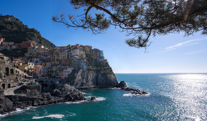 Cinque Terre, Italy - 13 Feb, 2024: Manarola, built on a high rock 70 metres above sea level, is one of the most charming and romantic of the Cinque Terre villages. 