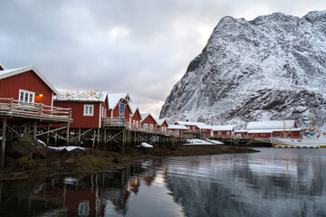 Reine, Norway - 21 Nov, 2023: winter landscape, Reine is a breathtaking fishing village on the northern Lofoten archipelago