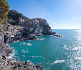 Cinque Terre, Italy - 13 Feb, 2024: Manarola, built on a high rock 70 metres above sea level, is one of the most charming and romantic of the Cinque Terre villages. 