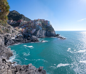 Cinque Terre, Italy - 13 Feb, 2024: Manarola, built on a high rock 70 metres above sea level, is...