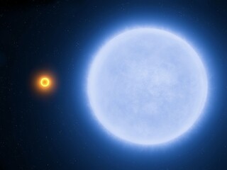 Blue giant star next to the sun. Comparison of star sizes on a black background.