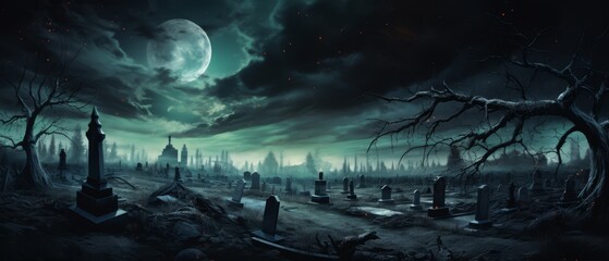 Eerie specters hovering over a desolate cemetery, under a full moon in surreal style