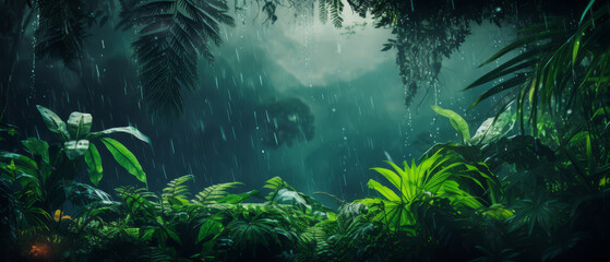Fototapeta na wymiar vibrant jungle scene with raindrops, minimalist with copy space, photorealistic