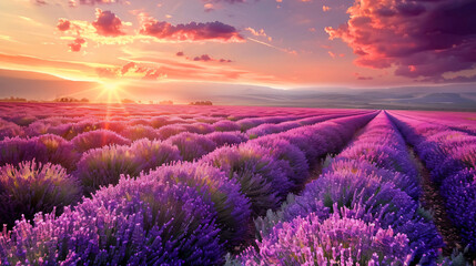 Lavender fields at sunset in Provence France. 