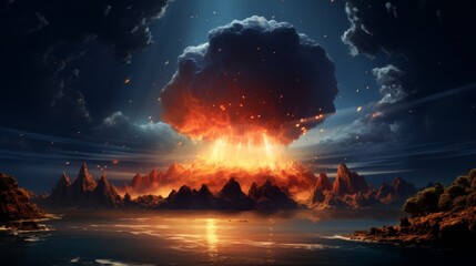 Meteor striking an uninhabited island, creating a massive explosion, photorealistic,