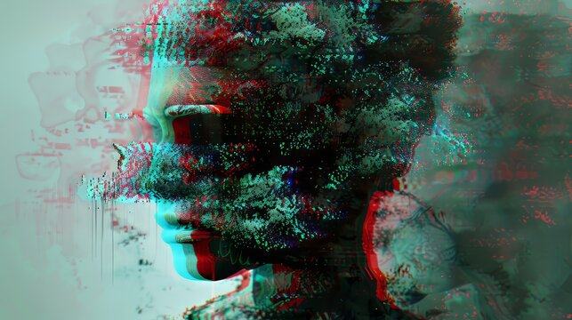 Glitch art 3D effect with pixelated distortions and digital artifacts