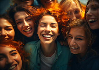 Fototapeta premium Diverse team huddle smiling - Happiness, solidarity, teamwork concept with multiracial coworkers in office setting