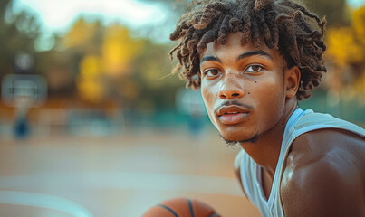 Young Athletic Black Male Basketball Player Dribbling Ball on Outdoor Court - Action Sports Photography