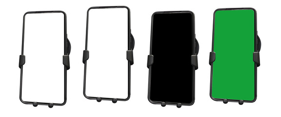 Smartphones on a car window mounting holder - on isolated transparent background.
