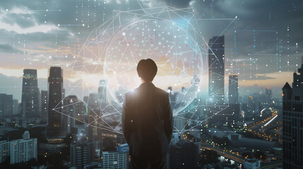 Silhouette of a Person Overlooking Futuristic City with Digital Network Overlay