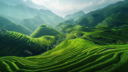 The intricately layered rice terraces and vibrant colors create a stunning tapestry of nature's artistry.